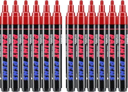 Red Paint Pens Paint Markers - 12 Pack Permanent Quick Dry Waterproof Marker Pens for Rocks Wood Fabric Plastic Canvas Glass Mugs Metal Tire Stone