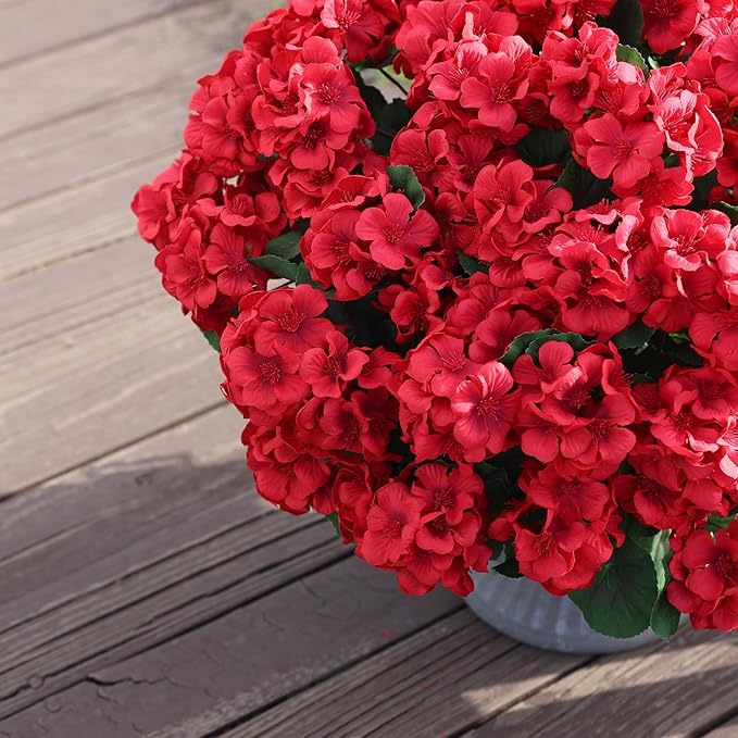 8 Bundles18" Artificial Geranium Flowers for Outdoor Spring Summer Decoration,Fake Silk Geranium Faux Plants UV Resistant for Front Door Planter Outside Home Garden Balcony Yard Porch Decor (Red)