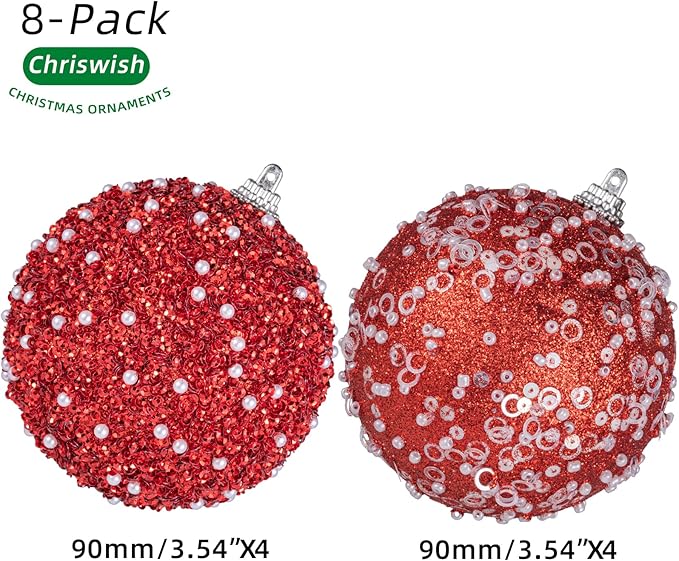8CT Christmas Ball Ornaments, Red Christmas Ball Decorations Shatterproof Plastic Hanging Pearl Balls for Holiday Party(90mm/3.54")