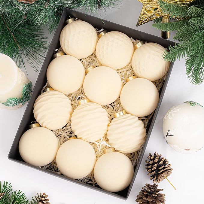 Festiva Christmas Tree Ornaments Velvet Balls - 12 Pcs Cream Shatterproof Christmas Tree Ornaments Velvet Balls, for Xmas Wedding Party Holiday Decorations (Gift Box)