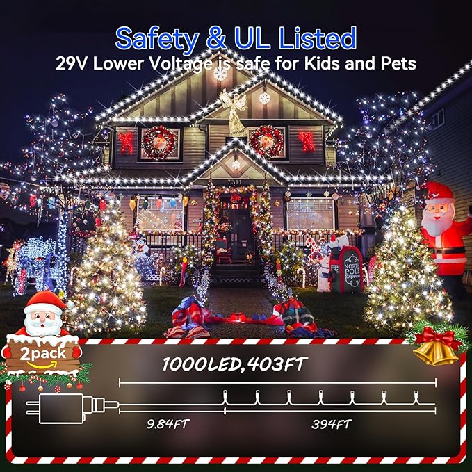 Hezbjiti 2 Pack 1000 LED 403 FT Christmas String Lights Outdoor, 8 Lighting Modes IP44 Waterproof Fairy Lights with Timer and Dimmable Function for Party Tree Decorations Cold White, Clear Wire