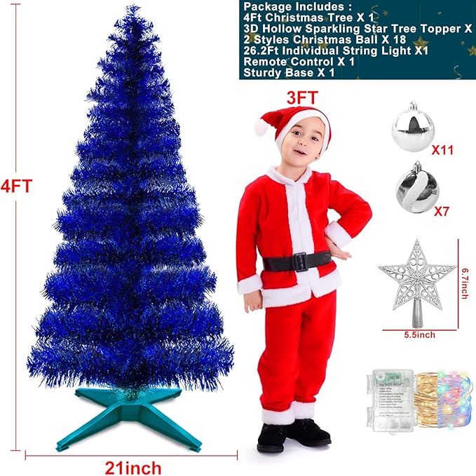 Dual Color Change & Timer 4 Ft Christmas Tree with 8 Mode 100 Warm White & Colorful Light 18 DIY Ball Ornaments 3D Star Battery Operated Small Xmas Tree Table Indoor Holiday Party Decor