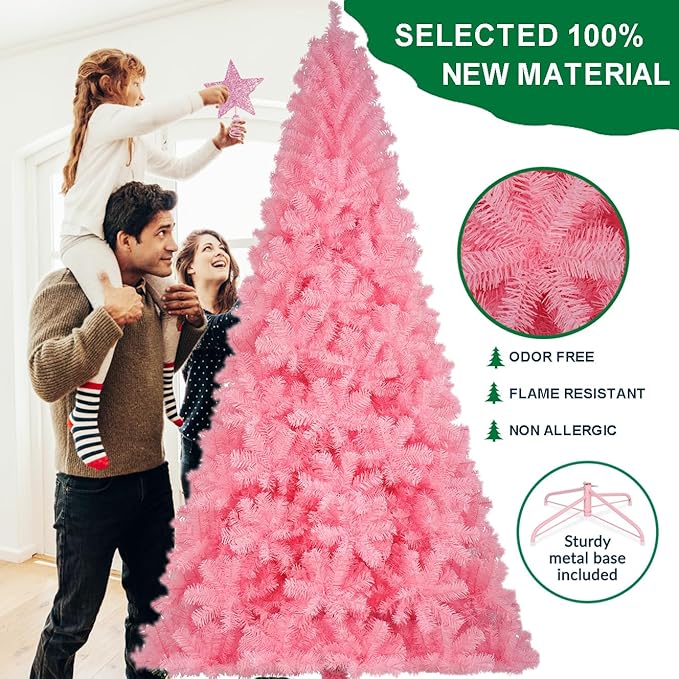 KTKDE 7.5ft Pink Christmas Tree, Artificial Christmas Tree, Sturdy Metal Stand with 1450 Tips (Pink top Star, LED Battery Box), Home, School, Party Office Holiday Decorations