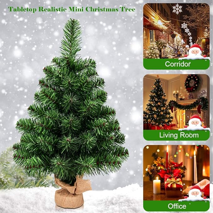 GOFLAME 2ft Mini Artificial Christmas Tree, Tabletop Spruce Christmas Tree with New PVC Material and Cement Base, Perfect for Indoor Decoration