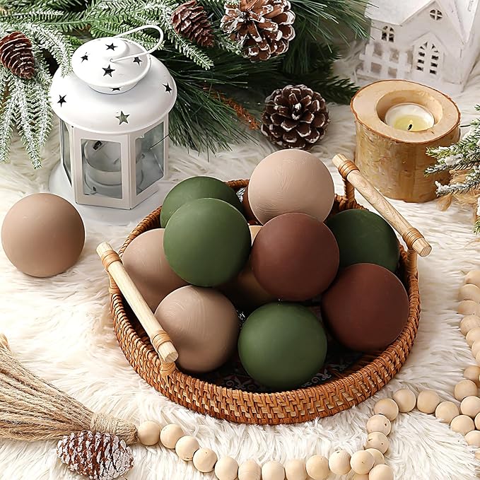 12 Pcs Neutral Matte Christmas Ball Ornaments 2.4 Inch Rustic Boho Brown Green Tan Xmas Bulbs Ornament Vintage Xmas Baubles Modern Christmas Decor for Tree Farmhouse Decor