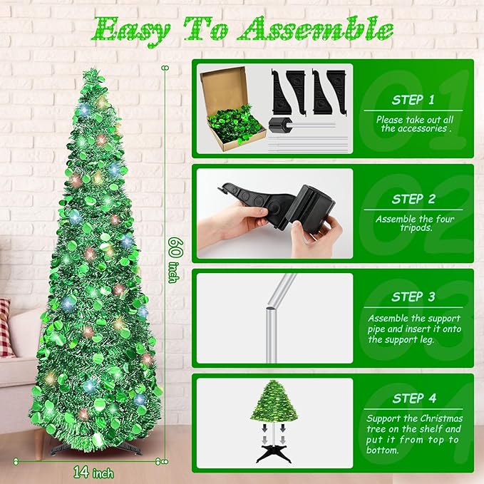 5 FT Pencil Christmas Tree, Collapsible Artificial Sequin Pop Up Christmas Tree, Skinny Pencil Tinsel Christmas Trees, Xmas Tree for Home Apartment Basement Fireplace (Pure Green)