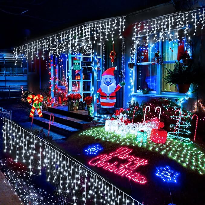 Heceltt White Christmas Lights Outdoor, 49FT 480 LED Ice Lights for Outside with 90 Drops Clear Wire 8 Modes Timer, Plug in Waterproof for Holiday Eaves Yard Roof Party Christmas Decoration