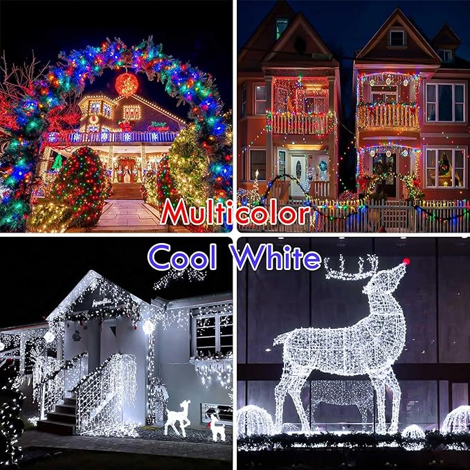 Cool White to Multicolor Color Changing 100 LED 33FT Connectable Christmas String Lights for Outdoor Indoor, 11 Modes Christmas Tree Clear Wire Fairy Waterproof Lights with Memory & Remote & Timer