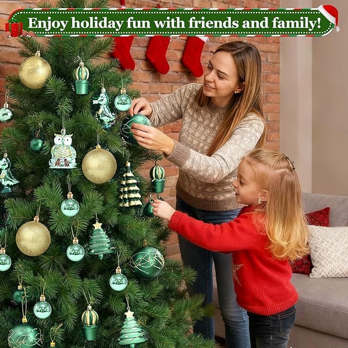 Dolicer 52 Pcs Christmas Tree Ornaments Various Styles Christmas Ball Ornaments Set Green Gold Christmas Ornament Shatterproof Lightweight Hanging Decorations for Xmas Tree Holiday Party Home