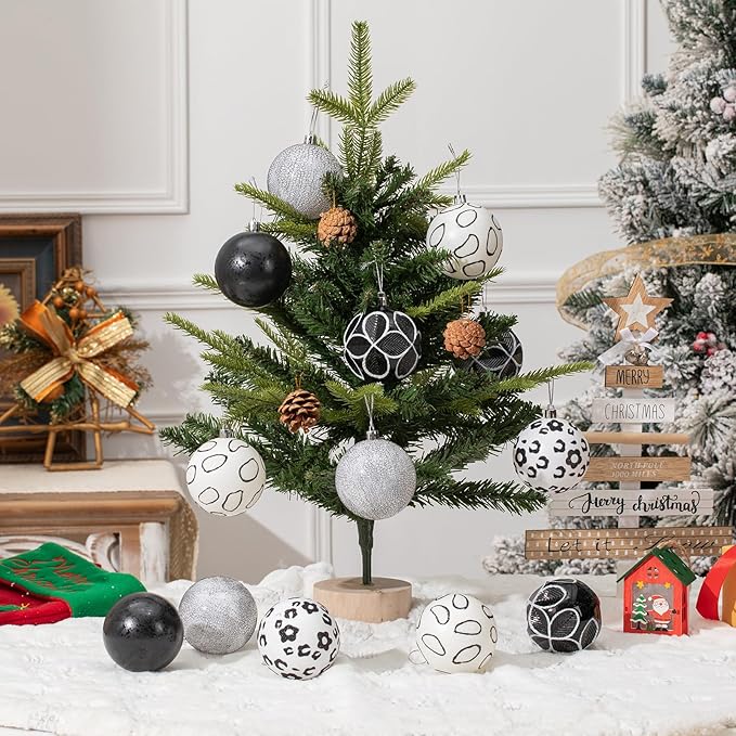 16CT Leopard Christmas Ornaments,Shatterproof Black and White Christmas Decorations, Lage Baubles Ornaments Hanging Decor for Xmas Tree Home Party Festivals (80MM/3.15'')