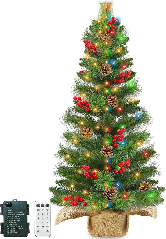 3 Ft Small Christmas Tree Remote Control Artificial Tabletop Christmas Tree 50 Warm White&Colored Lights Battery Operated 12 Modes Timer Pinecones Red Berries Burlap Base Xmas Christmas Decorations