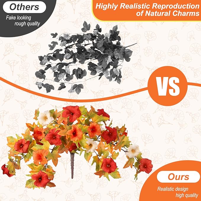 Artificial Fake Fall Flowers with Hanging Basket Plants for Outdoor Decoration, Silk Faux Flower UV Resistant Petunias for Home Porch Patio Garden Balcony Yard Decor Real Looking(Orange White)