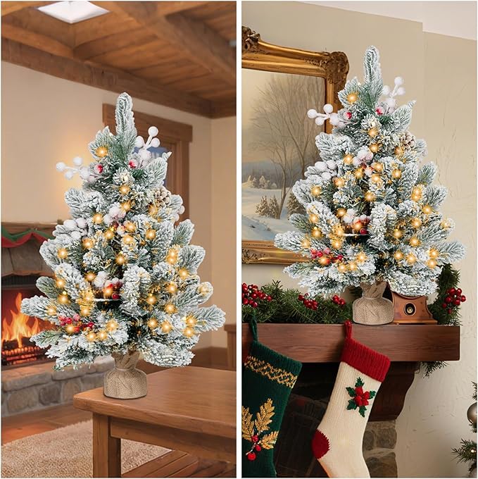 ININ 2FT Pre-lit Mini Christmas Snow Flocked Tree,Tabletop Artificial Christmas Tree with LED Lights, Small Xmas Pine Tree with Cloth Bag Base for Christmas Decor.