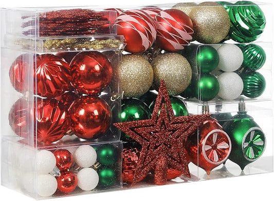 XmasExp 99-Pack Christmas Ball Ornaments Assorted Shatterproof Christmas Tree Decorations with Hand-held Gift Package for Xmas Tree,Home,Party(Green-Gold)