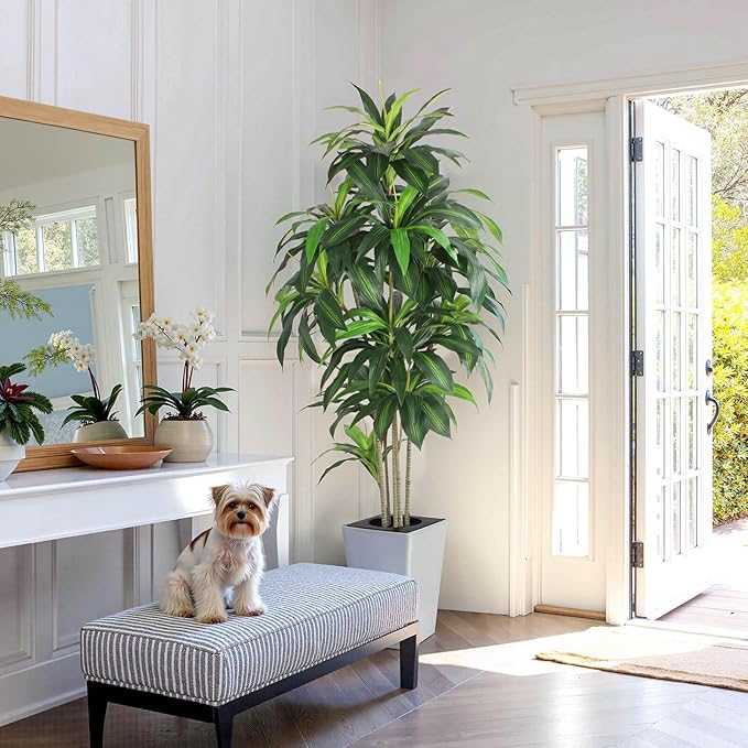 Artificial Dracaena Tree with White Tall Planter, 7ft Tall Potted Artificial Dracaena Silk Plant, Fake Yucca Tree Plant, Home Office Floor Room Decor Plants Indoor Outdoor, Housewarming Gift