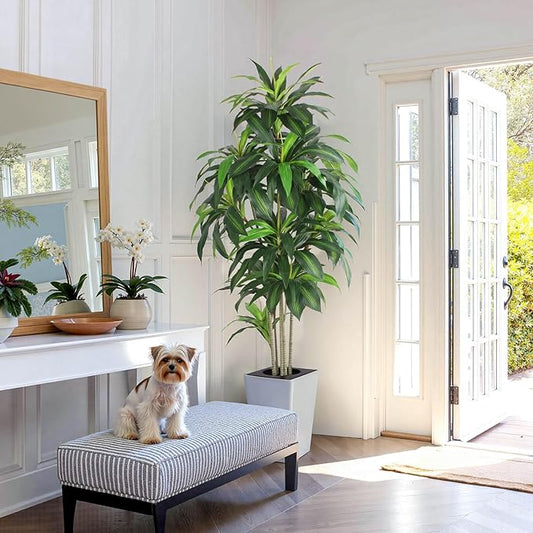 Artificial Dracaena Tree with White Tall Planter, 7ft Tall Potted Artificial Dracaena Silk Plant, Fake Yucca Tree Plant, Home Office Floor Room Decor Plants Indoor Outdoor, Housewarming Gift