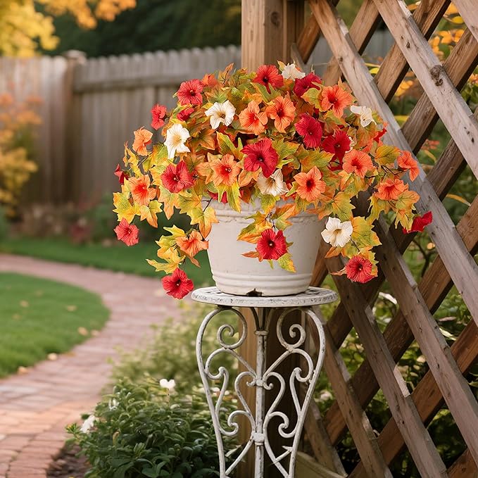 Artificial Fall Flowers Fake Petunias Plants for Outdoor Decoration, 2 Pcs Silk Faux Flowers UV Resistant No Fade Plants for Garden Balcony Yard Porch Realistic Indoor Decor (Orange White)