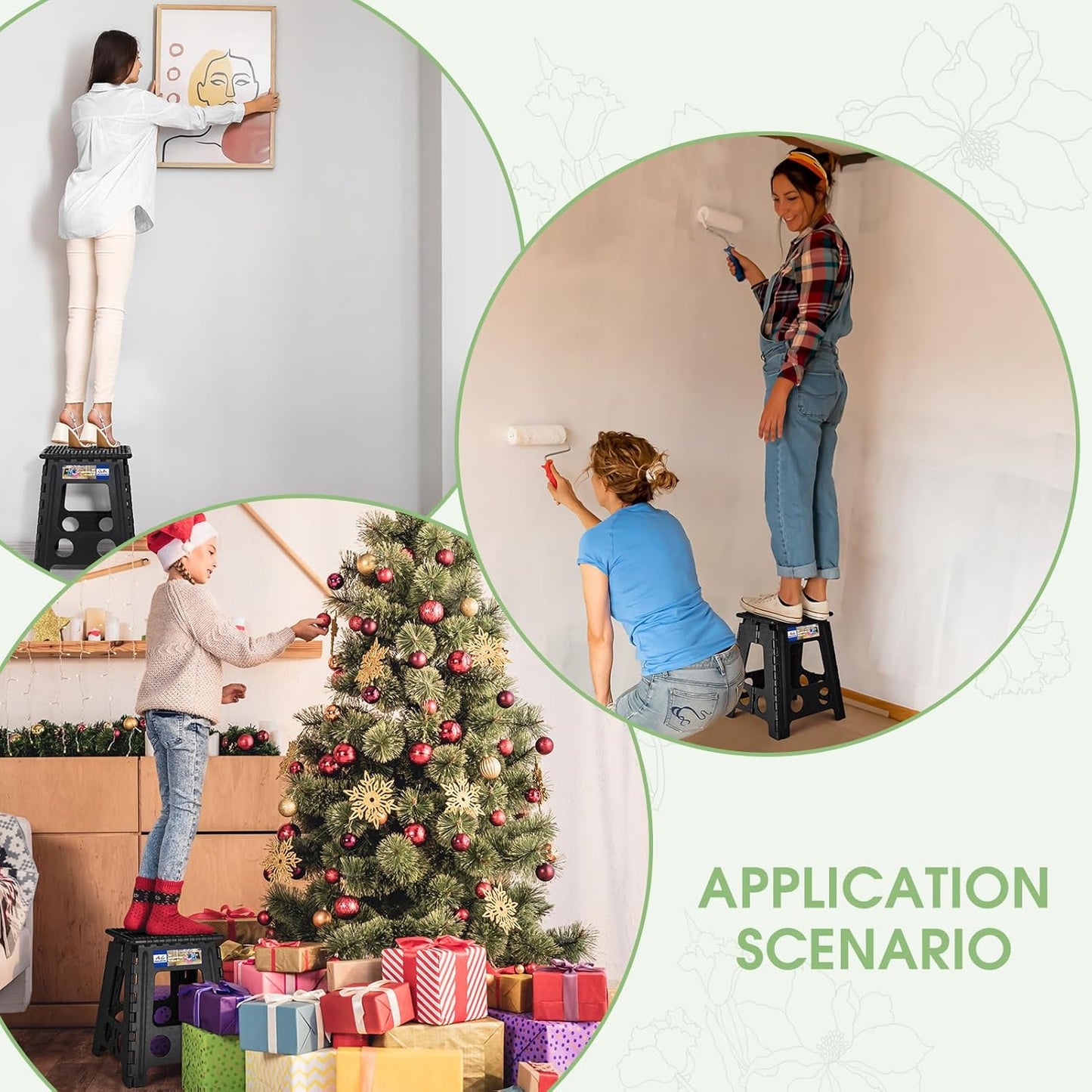 ACKO Folding Step Stool Foldable 16 Inch Stools for Adults and Kids, Plastic Stools Tall 400 lbs Capacity, Collapsible Stool for Kitchen Stepping Foot Stool with Handle, Dot Black,1 PC