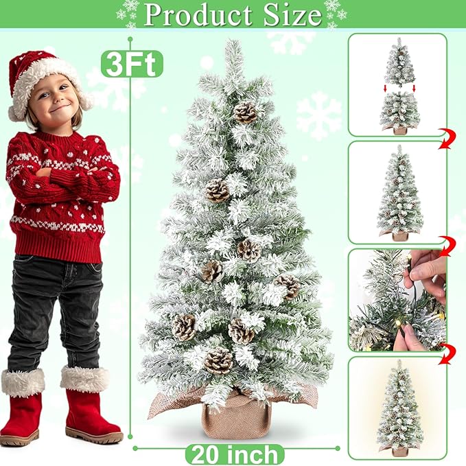 Timer - 3 Ft Artificial Mini Christmas Tree, Thick Snow Flocked Tabletop Christmas Tree with 50 Warm White Lights Battery Operated 102 Snowy Branches 12 Pinecones Burlap Base Xmas Decor Home Indoor