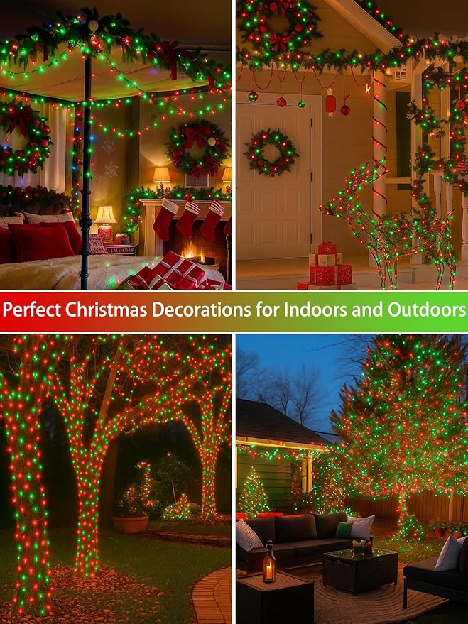 2 Pack Christmas String Lights Indoor Outdoor, Super Bright 66FT 200 LED String Lights Waterproof, 13 Modes Twinkle Xmas Lights with Timer for Christmas Tree Decorations (Red and Green)
