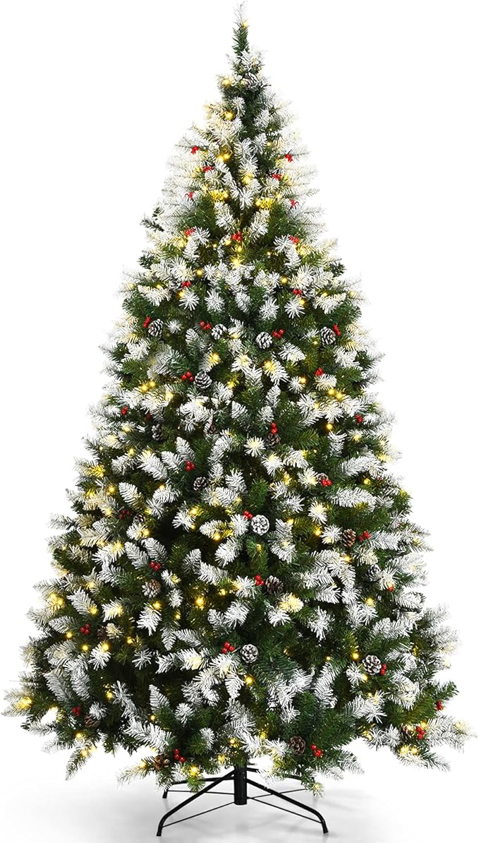 Happygrill 7.5ft Pre-lit Snowy Christmas Tree with 550 Warm White LED Lights & 1398 PVC Tips, 8 Lighting Modes, Hinged Artificial Tree for Residential Commercial Use