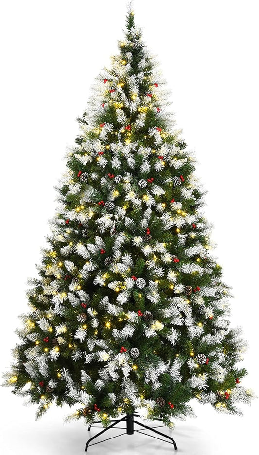 Happygrill 7.5ft Pre-lit Snowy Christmas Tree with 550 Warm White LED Lights & 1398 PVC Tips, 8 Lighting Modes, Hinged Artificial Tree for Residential Commercial Use