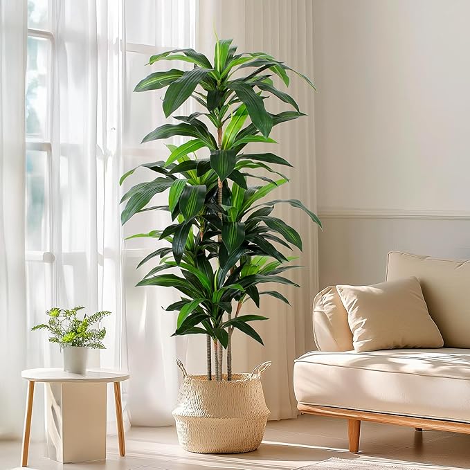 5 FT Dracaena Tree Artificial, Fake Tree with Plastic Pot, Faux Tropical Yucca Floor Plant Lifelike Foliage and Branches, Artificial Plants Indoor for Home Office Living Room Decor Indoor