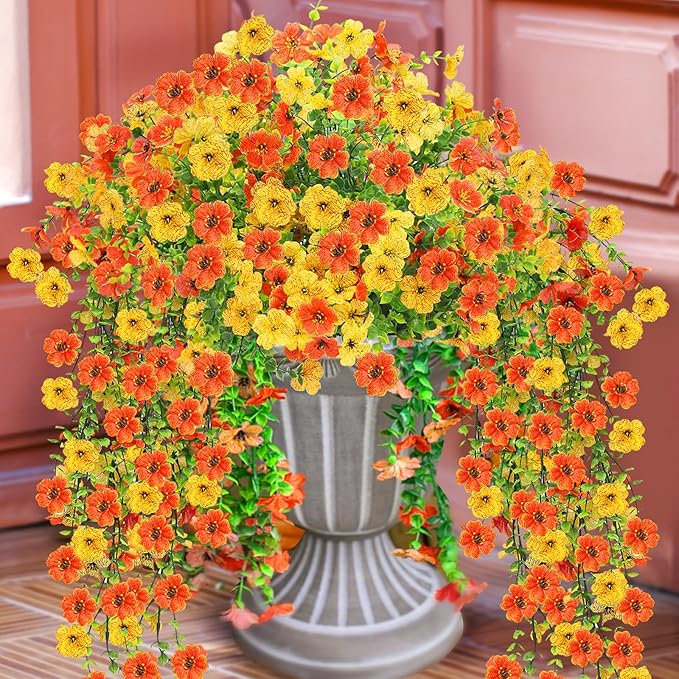 Artificial Flowers for Outdoors 6PCS，All Weather Fade Proof, UV Resistant Waterproof Realistic Faux Silk Mums Daisies Yellow & Orange for Hanging Planters Porch Patio Balcony Deck Fence Garden Decor