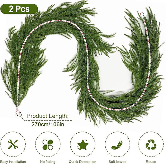 2Pcs 9FT Norfolk Pine Garland Christmas Dense Winter Pine Garland Green Artificial Faux Greenery Real Touch Garlands for Mantle, Wall, Table, Home Xmas Holiday Decor