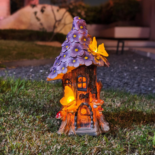 COWOS Mushroom House Statue, Garden Decor Outdoor Solar Statues, Solar Garden Statue Lights, Mushroom Fairy House Figurine, Memorial, Adorable Mushroom and Flowers, Garden Decor
