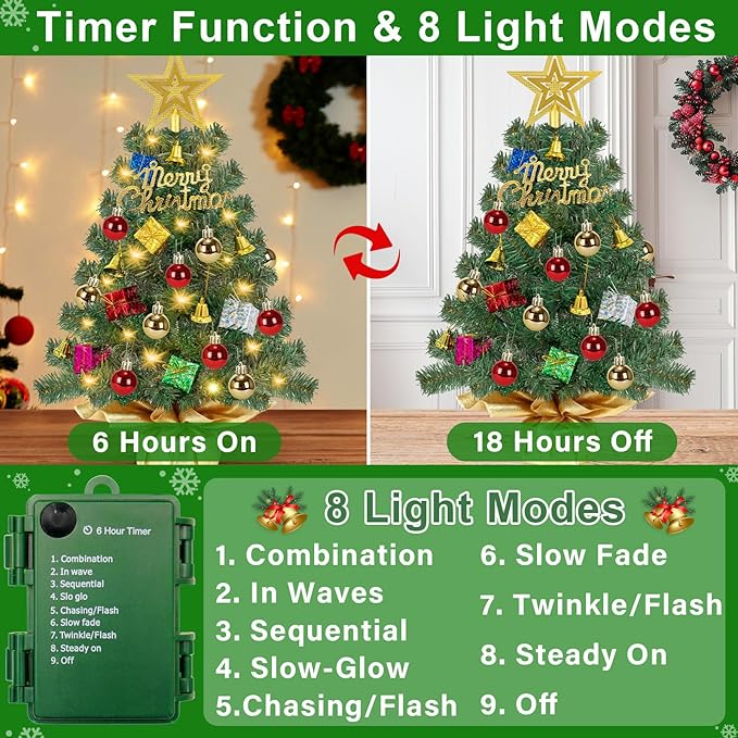 24 Inch Realistic Tabletop Christmas Tree Small Christmas Tree with 50 Warm Lights Star Treetop and Ornaments Battery Operated Indoor Home Table Christmas Decorations