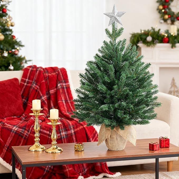 ELYKEN 22'' Mini Christmas Tree with LED Lights, Small Tabletop Artificial Christmas Xmas Holiday Party Decorations for Desk, Indoor Decor