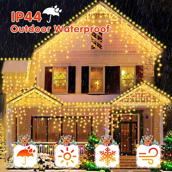 52FT 512LED Christmas Lights Outdoor Waterproof Curtain Lights with 8 Modes Timer Hanging Fairy Lights Plug in String Lights for Holiday Wedding Party Decoration(Warm White)