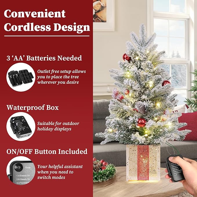 Brightever 2FT Small Christmas Tree, Prelit Mini Christmas Tree with 50 Multi-Color LED Lights, Gold Gift Box Base, Battery Operated Little Xmas Tree for Table Top, Pinecone & Berries Included, Green