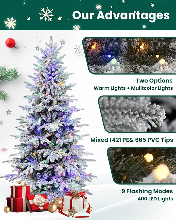 Prelit Christmas Tree 7ft, Artificial Flocked Christmas Tree with 400 Warm White & Multicolor Lights, 2086 PE PVC Tips, LED Frosted Xmas Tree with Snow, 9 Color Modes, Hinges, Home Decor