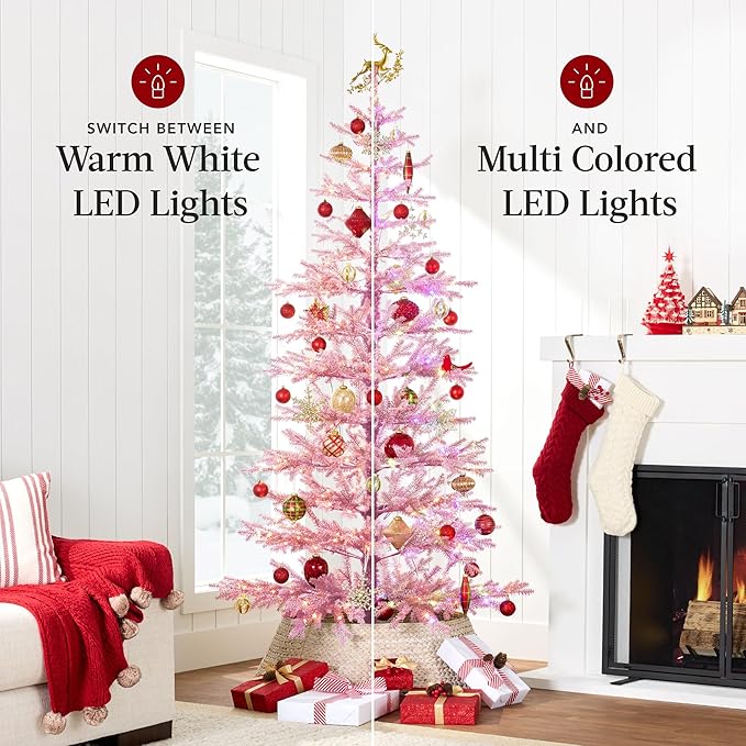 Best Choice Products Pre-Lit Sparse Christmas Tree 9ft Artificial Flocked Pine Holiday Décor Aspen Noble Fir White & Multicolor LED Lights- Pink
