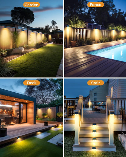 4 Pack Solar Fence Lights, Waterproof Motion Sensor Deck Outdoor, Warm White LED Outside Wireless for Wall Yard Steps Stairs Garden - Black