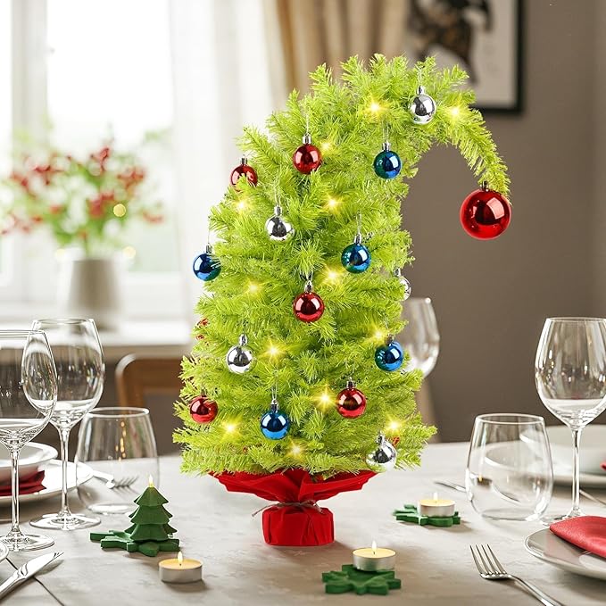 MACTING Mini Christmas Tree with 40 Lights, 2 FT Whimsical Curved Plastic Tree with Red Ball Top Christmas Tabletop Tree 8 Lighting Modes for Fireplace Desktop Home Indoor Xmas Decor(Lime Green)