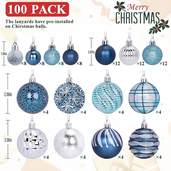 100ct Christmas Ball Ornaments Set, Blue and Silver Shatterproof Hand-Painted Hanging Baubles Decoration Bulk for Xmas Tree, Wreath, Garland, Home Holiday Decor