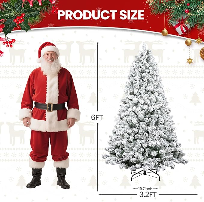 6ft White Artificial Christmas Tree with Snow Flocked Branches, Realistic Full Shape Xmas Tree with Sturdy Metal Stand for Indoor Holiday Decoration