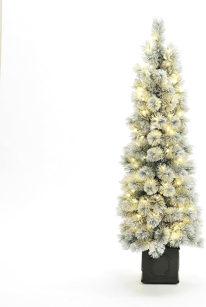 LuxenHome 4.5FT Small Potted Christmas Tree, Flocked Christmas Tree with 100 LED Lights, Prelit Artificial Xmas Trees with Pot, Lighted Pine Tree for Indoor, Outdoor Holiday Display