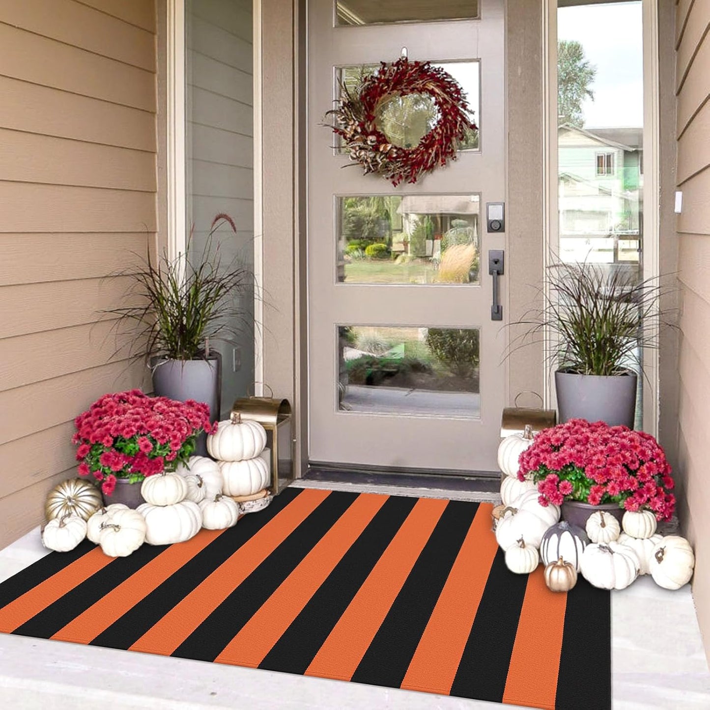 IOHOUZE Fall Door mat 3x5 Ft Orange Black Striped Area Rug Washable Front Porch Rug Striped Door Mat Outside Entrance Entryway Doormat for Fall, Halloween, Thanksgiving Porch Decor