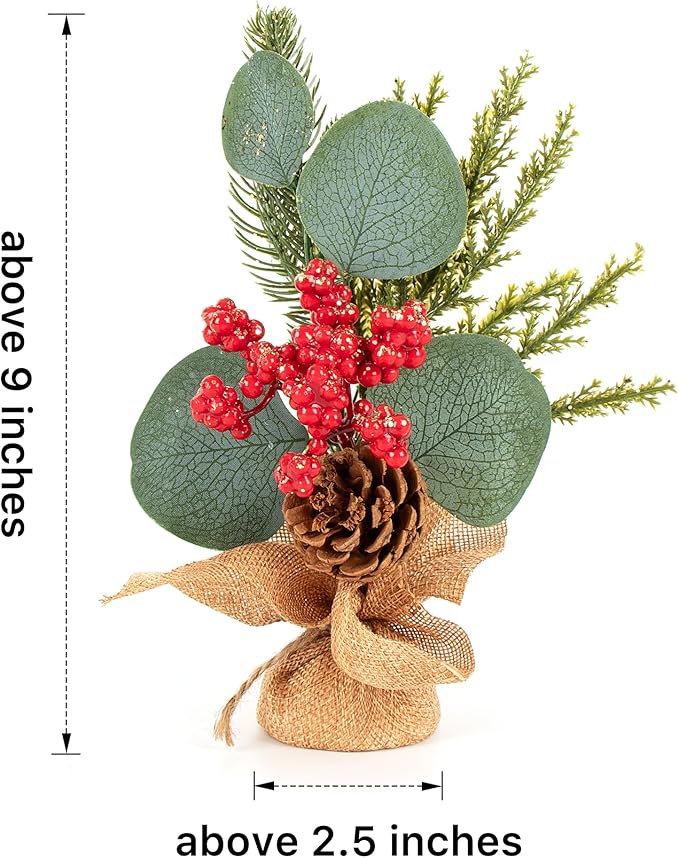 6 PCS Rustic Mini Christmas Tree Tabletop Set, Mixed Green Leaves, Red Berries and Pine Cones, 9 inch Artificial Trees with Burlap Bases, Ideal for Holiday Home Office Table Centerpiece