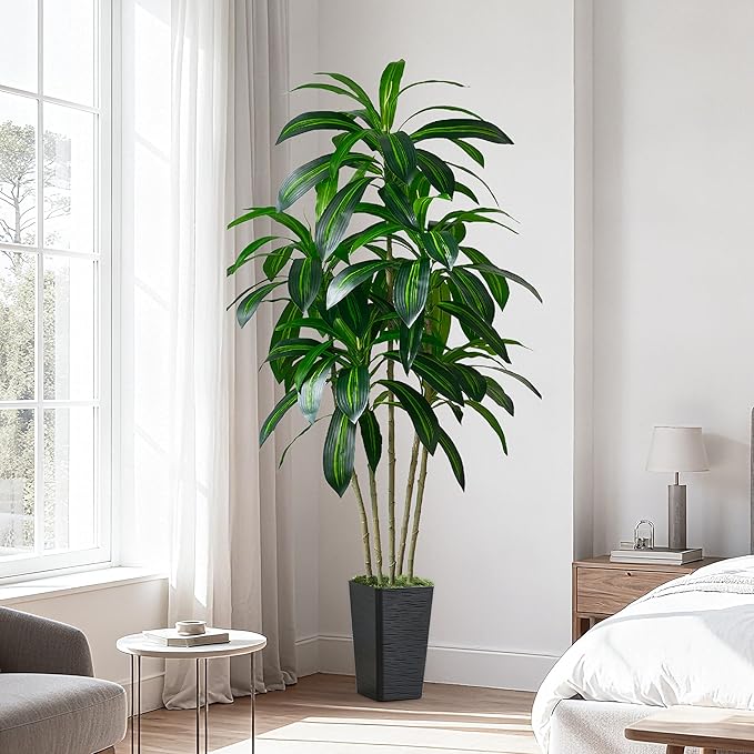 Artificial Dracaena Tree-6FT Tall Fake Plants with Black Tall Square Planter-Artificial Plants Indoor Floor Plant in Pot-Large Tropical Fake Yucca Potted Tree for Home Office Living Room Decor