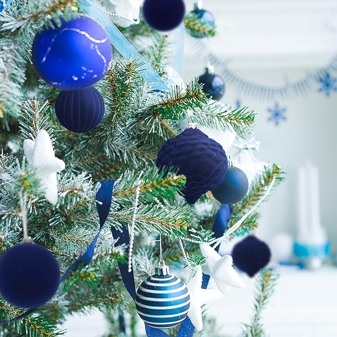 KI Store Velvet Christmas Balls Blue 25pcs Flocked Christmas Tree Ornaments Assortment for Xmas Tree Holiday Decor