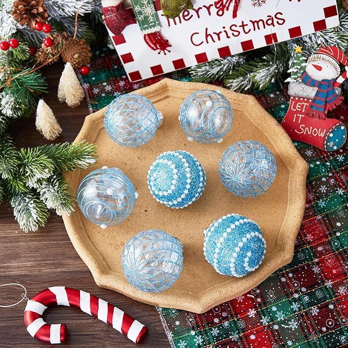 12CT Christmas Ball Ornaments Baby Blue Shatterproof Clear Large Plastic Christmas Tree Decoration, Delicate Hanging Ornaments for Xmas Party, Wedding, Holiday and Home Décor(70mm/2.76")