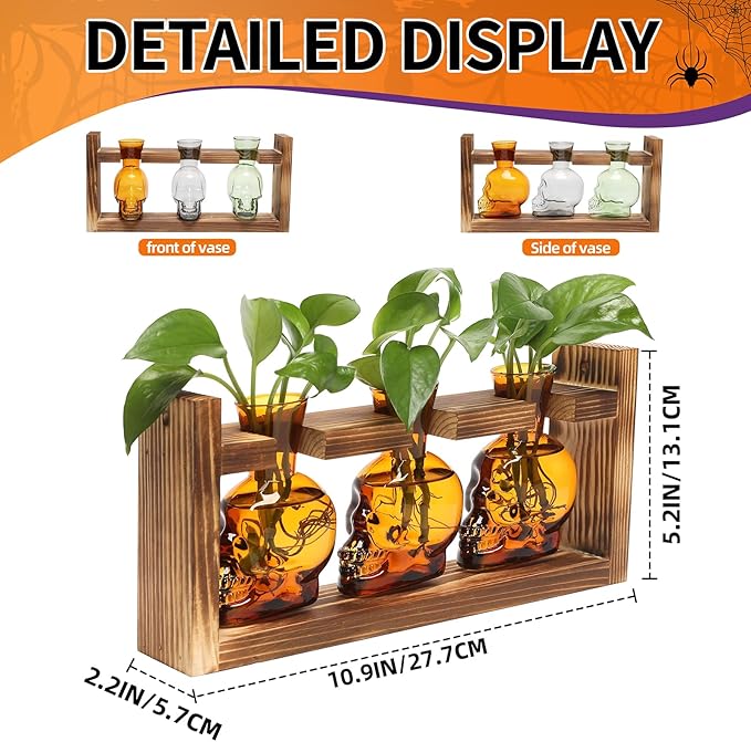 Plant Terrarium Propagation Stations Hydroponics Halloween Skull Planter Vase Skulls Decor with Wooden Stand Gift for Father