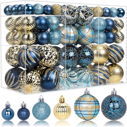 100ct Christmas Ball Ornaments Set, Blue and Gold Shatterproof Hand-Painted Hanging Baubles Decoration Bulk for Xmas Tree, Wreath, Garland, Home Holiday Decor