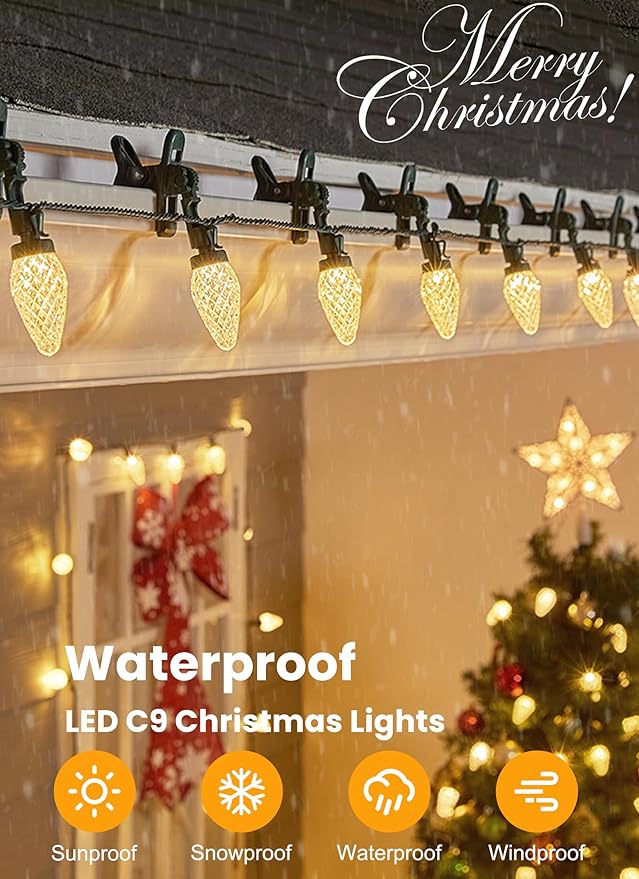 C9 LED Christmas Lights Outdoor, 66 Feet 100 LED C9 String Lights with 100 Spring Clips, Waterproof Connectable Christmas Tree Lights for Outside Roofline Patio Home Xmas Decor, Warm White 2 Pack