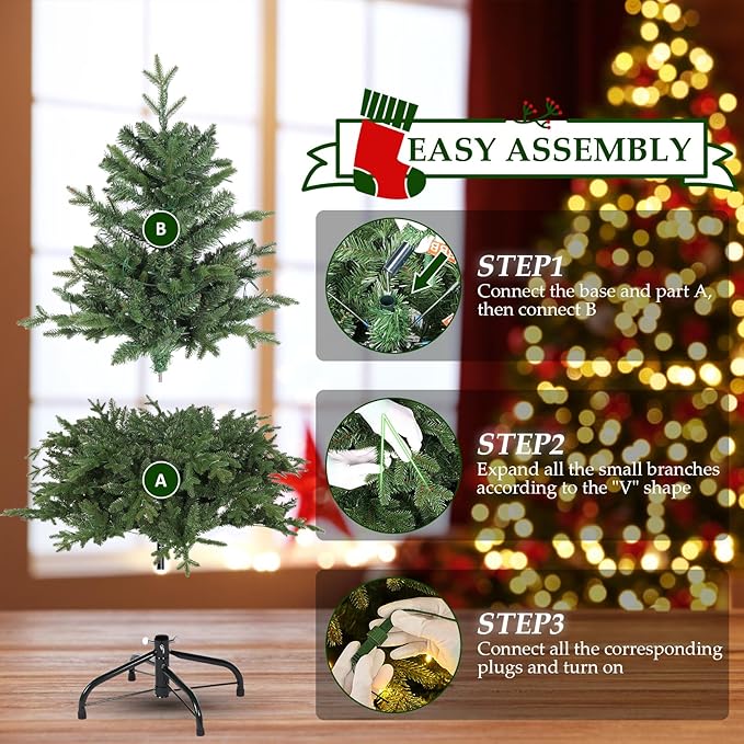 4 ft Pre-Lit Artificial Christmas Tree with Lights, Fraser Fir Realistic PE PVC Branch Tips, Holiday Xmas Tree, Metal Stand Automatic Unfold Hinged Design, Easy Assembly for Home Party Decoration